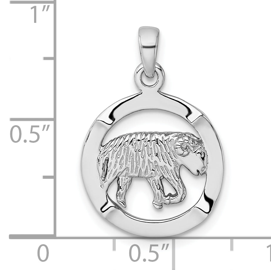 Sterling Silver Rhodium-plated Polished Reversible Aries Ram in Circle Zodiac Pendant