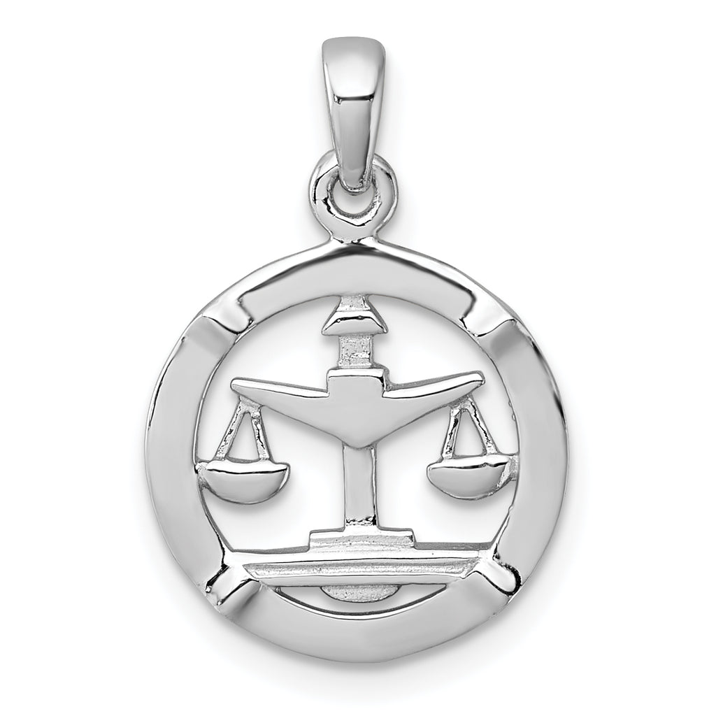Sterling Silver Rhodium-plated Polished Reversible Libra Scales in Circle Zodiac Pendant
