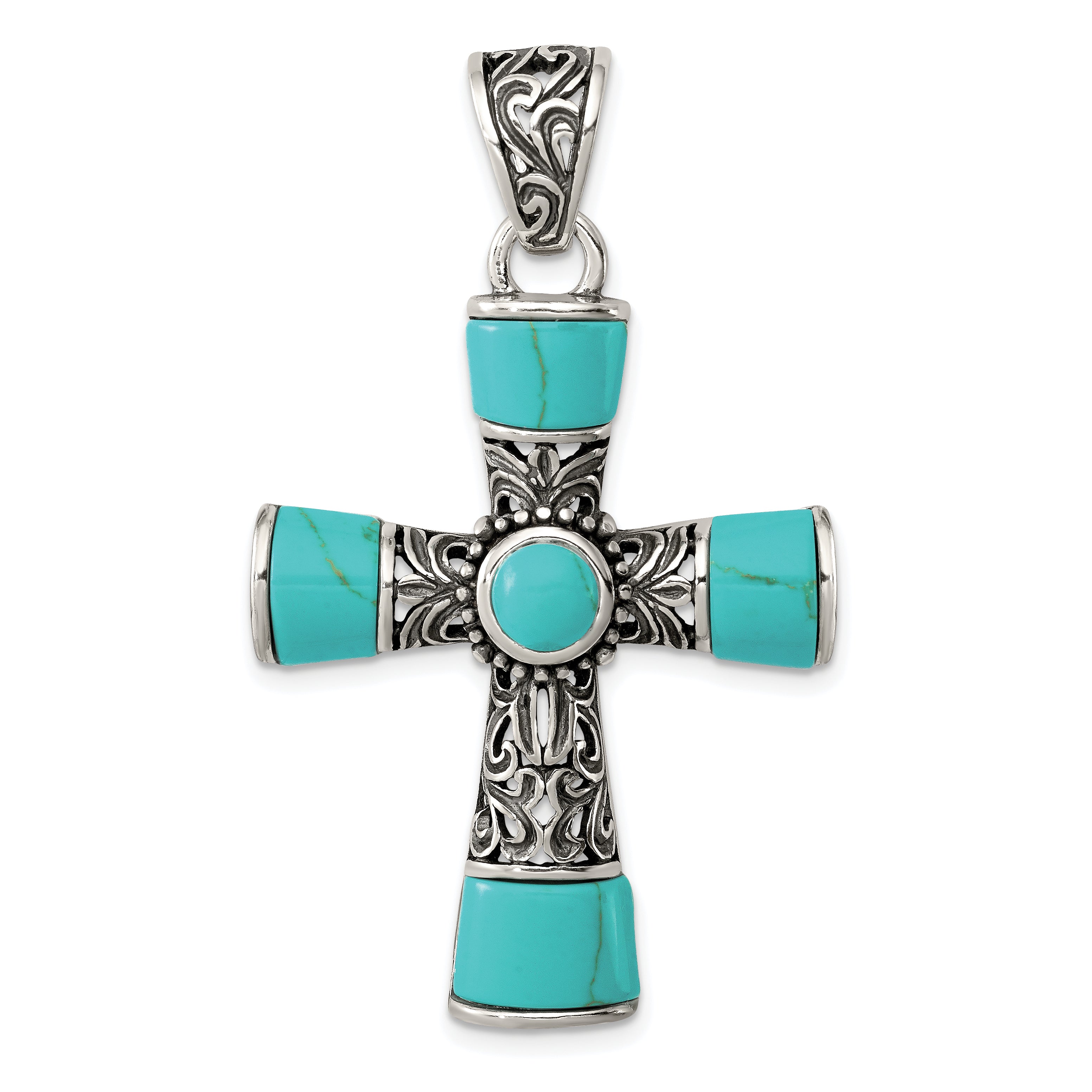 Sterling Silver 925 Cross Pendant with Synthetic Turquoise Vintage Style Secondary image