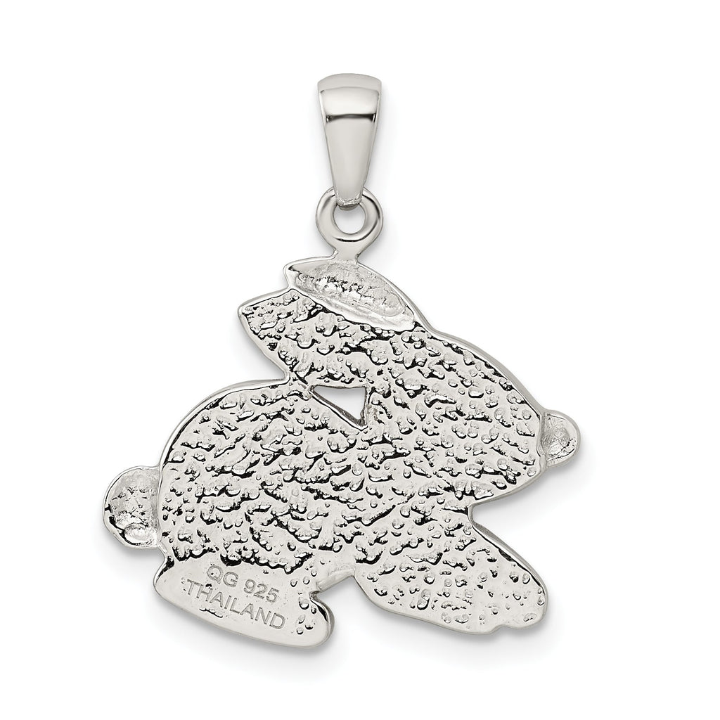 Sterling Silver Rhodium-Plated Rabbit Pendant with Simulated Pearl and Pink Crystal