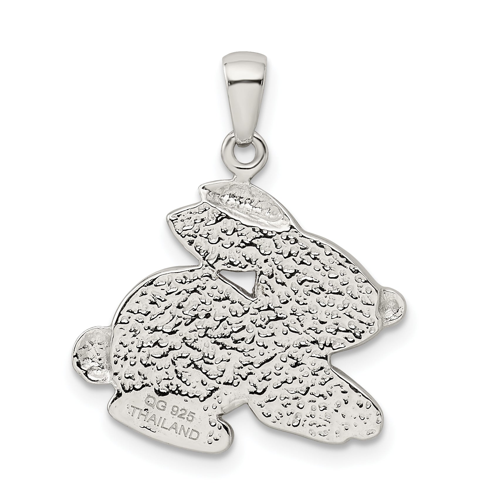 Sterling Silver Rhodium-Plated Rabbit Pendant with Simulated Pearl and Pink Crystal
