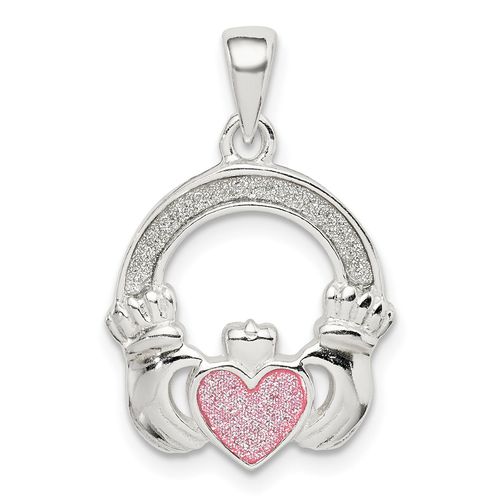 Glitter Infused Claddagh Pendant in Sterling Silver, 16mm - Sophia Jewelers