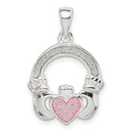 Glitter Infused Claddagh Pendant in Sterling Silver, 16mm - Sophia Jewelers