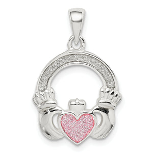 Glitter Infused Claddagh Pendant in Sterling Silver, 16mm - Sophia Jewelers