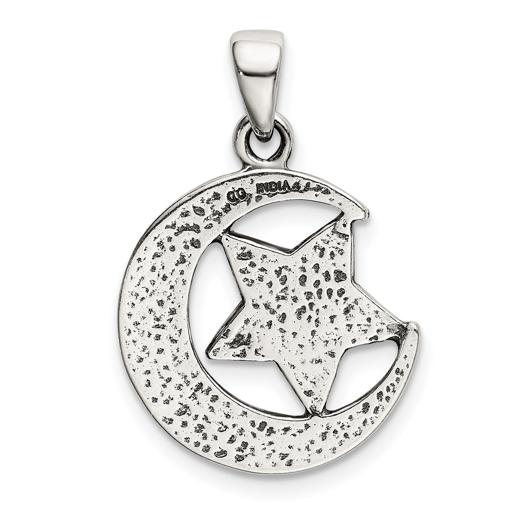 Sterling Silver LOVE YOU TO THE MOON Antiqued Star and Moon Pendant