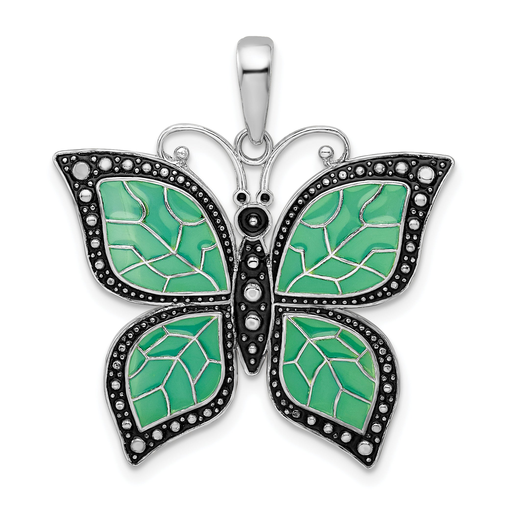 De-Ani Sterling Silver Rhodium-Plated Polished Enameled Aqua Butterfly Pendant Main image