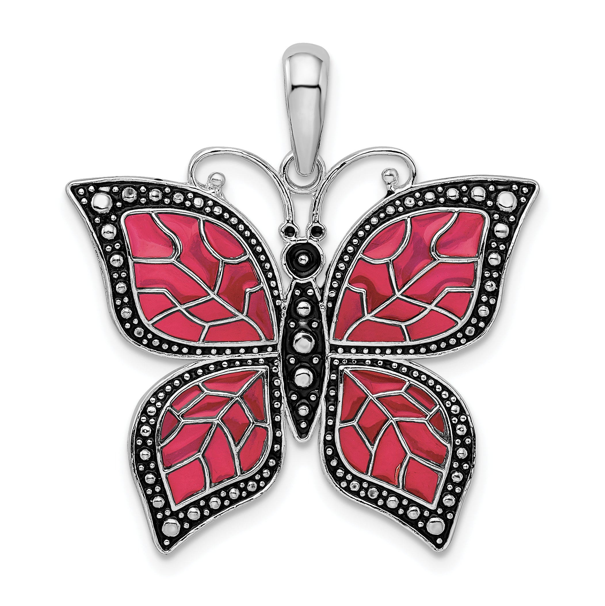 De-Ani Sterling Silver Rhodium-Plated Polished Enameled Fuchsia Butterfly Pendant Main image