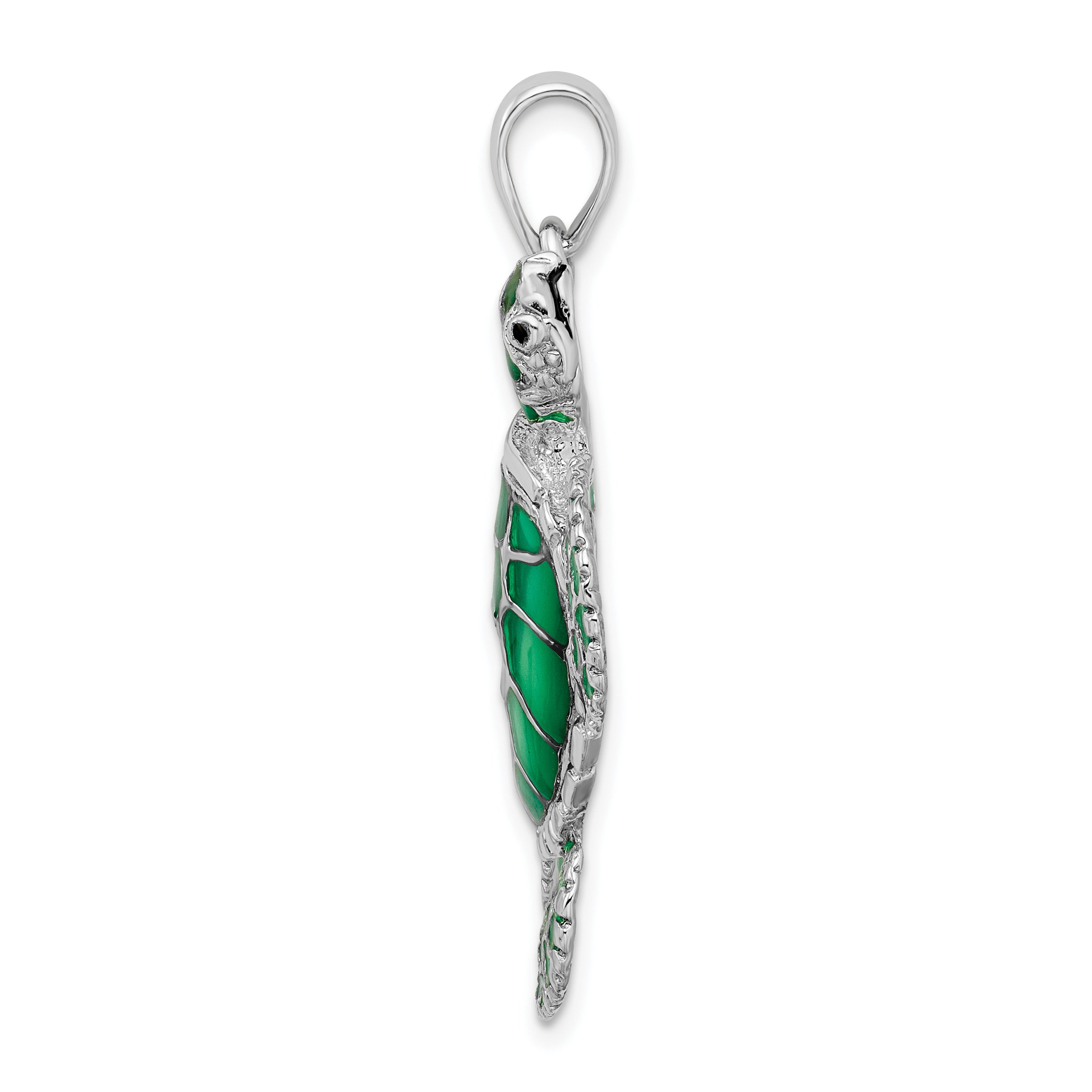 De-Ani Sterling Silver Rhodium-Plated Polished Enameled Green Sea Turtle Pendant Secondary image