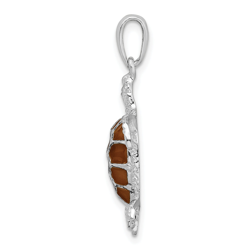 De-Ani Sterling Silver Rhodium-plated Polished Enameled Brown Sea Turtle Pendant