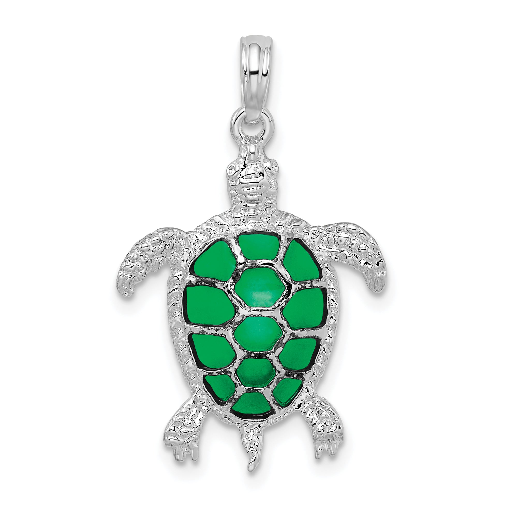 De-Ani Sterling Silver Rhodium-Plated Polished Enameled Green Sea Turtle Pendant Main image