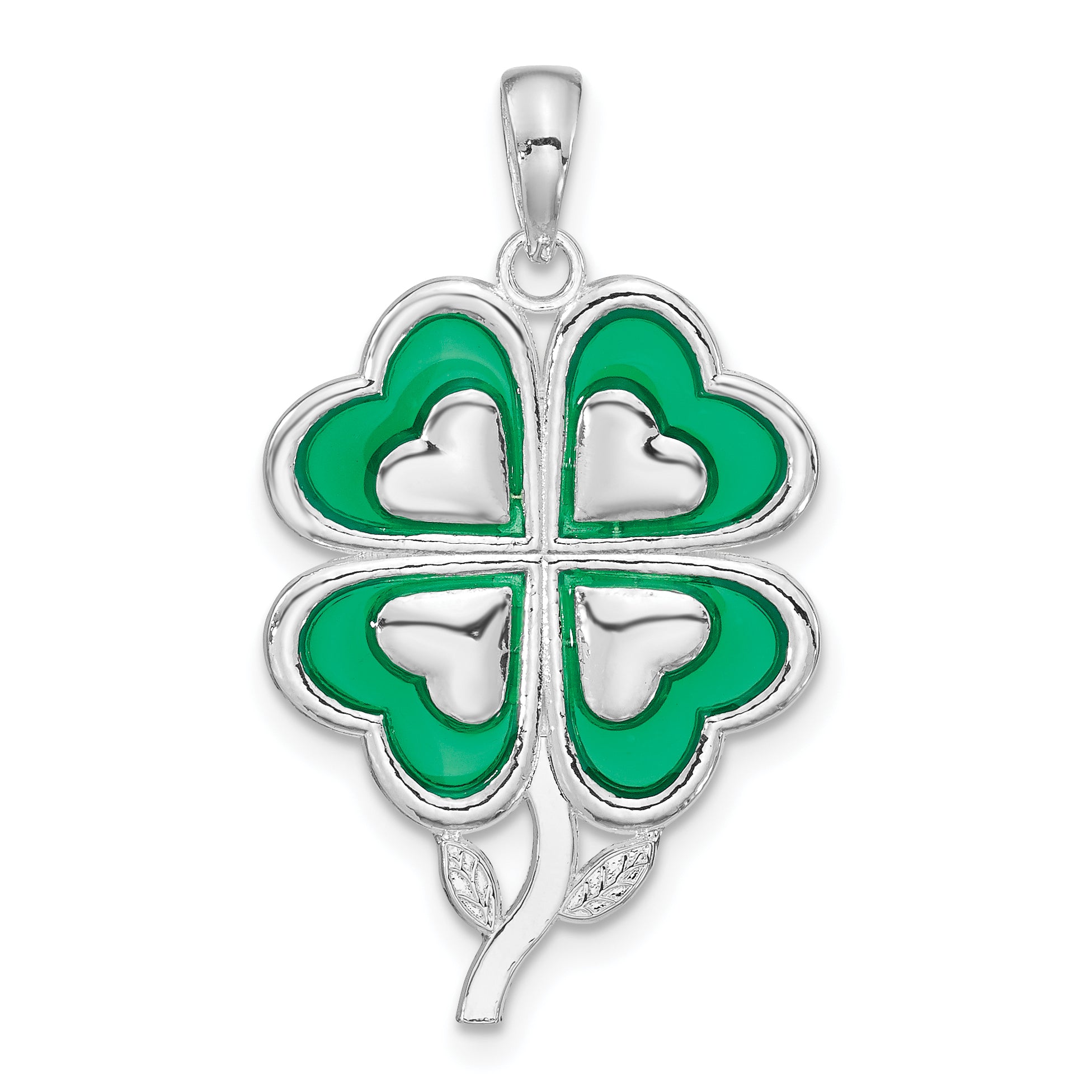 De-Ani Sterling Silver Rhodium-Plated Polished Enameled 4-Leaf Clover Pendant Main image