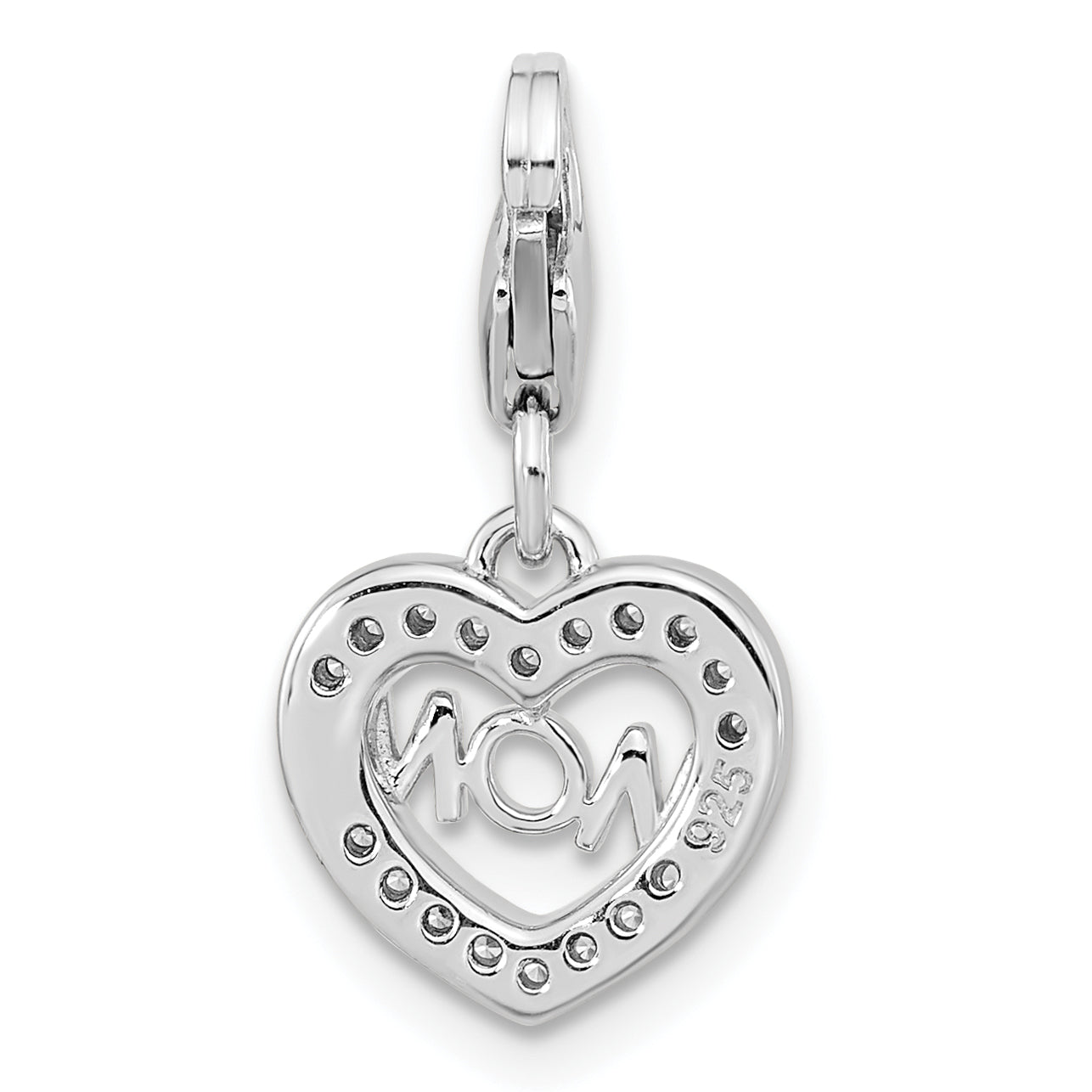 Amore La Vita Sterling Silver Rhodium-plated Gold-plated Polished CZ MOM Heart Charm with Fancy Lobster Clasp