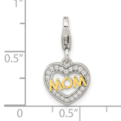 Amore La Vita Sterling Silver Rhodium-plated Gold-plated Polished CZ MOM Heart Charm with Fancy Lobster Clasp