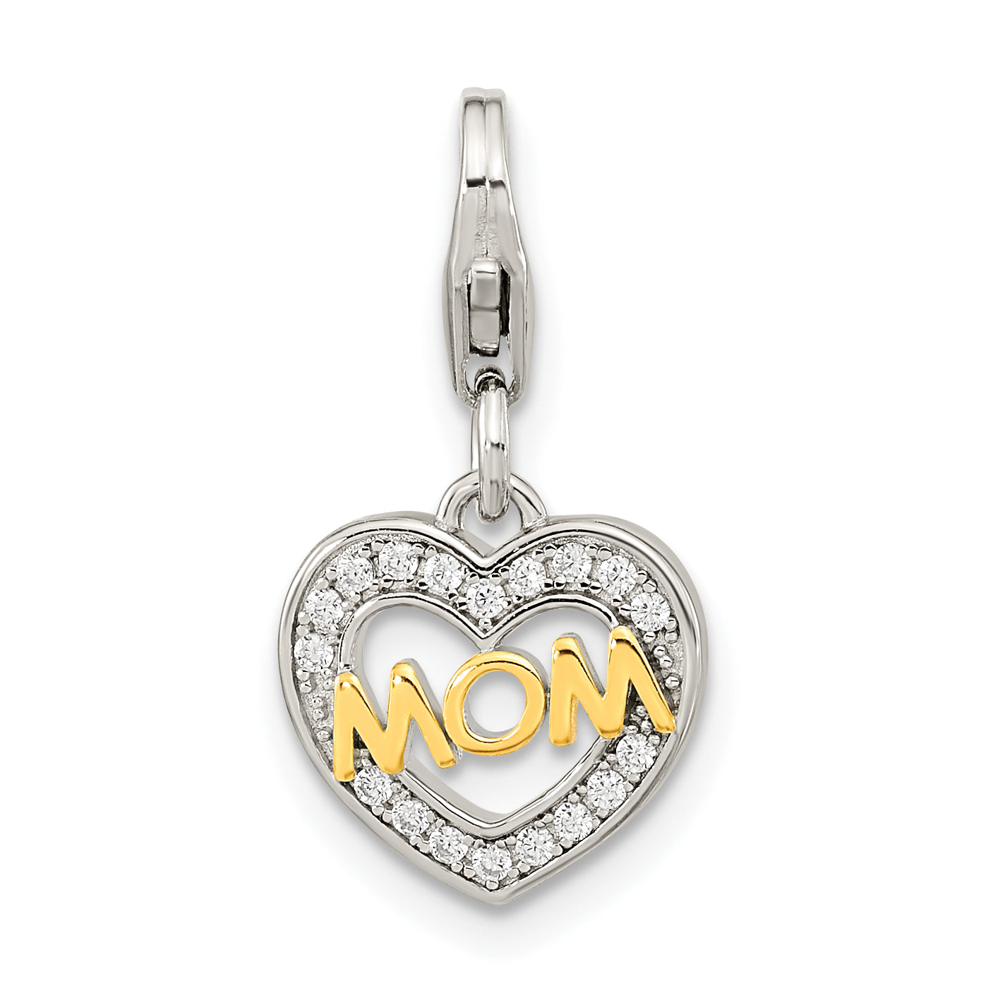 Amore La Vita Sterling Silver Rhodium-plated Gold-plated Polished CZ MOM Heart Charm with Fancy Lobster Clasp Main image