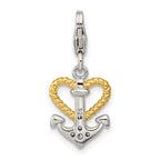 Amore La Vita Sterling Silver Rhodium-plated and Gold-plated CZ Heart and Anchor Charm with Fancy Lobster Clasp