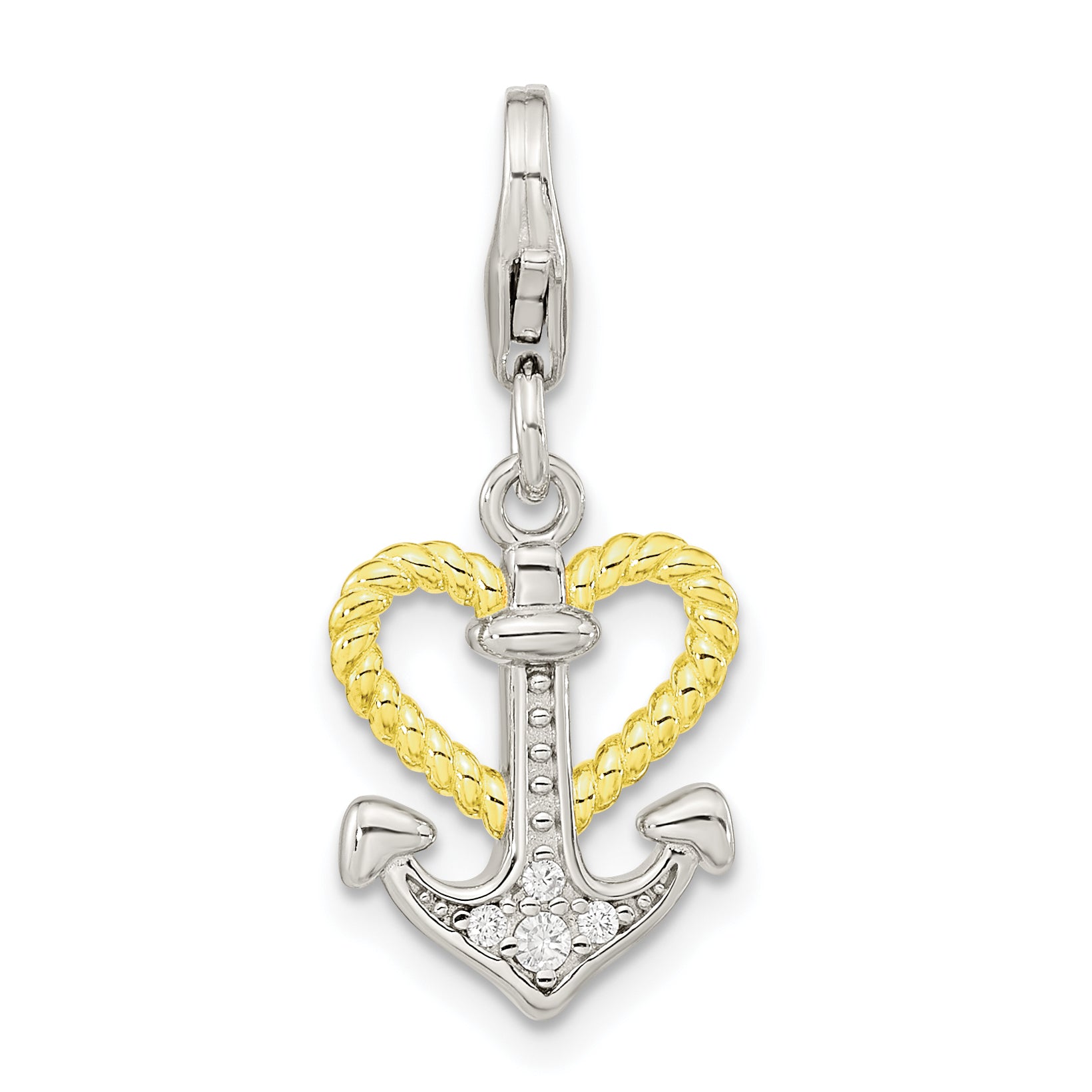 Amore La Vita Sterling Silver Rhodium-plated and Gold-plated CZ Heart and Anchor Charm with Fancy Lobster Clasp Main image