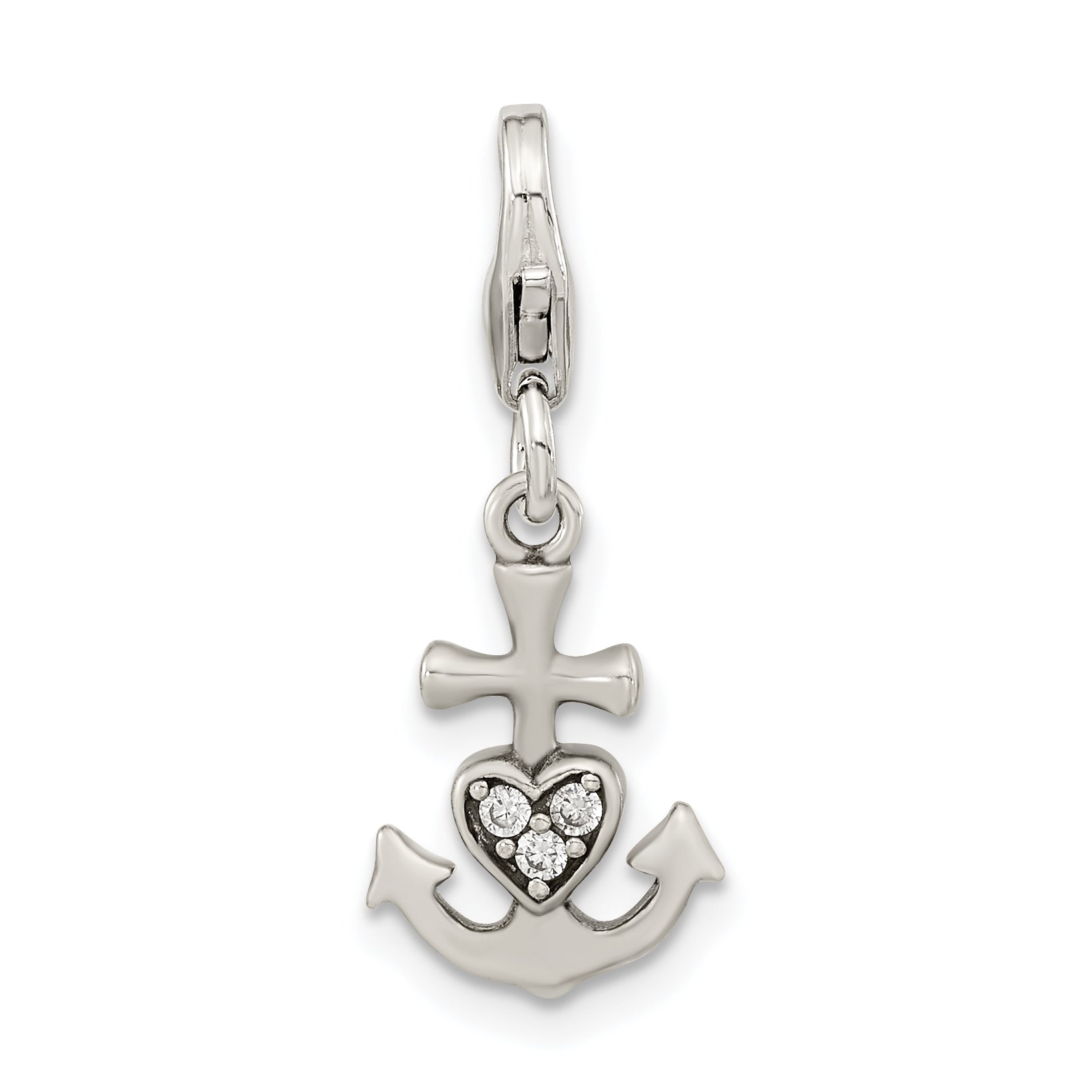 Amore La Vita Sterling Silver Rhodium-plated Polished Antiqued CZ Anchor with Heart Charm with Fancy Lobster Clasp Main image