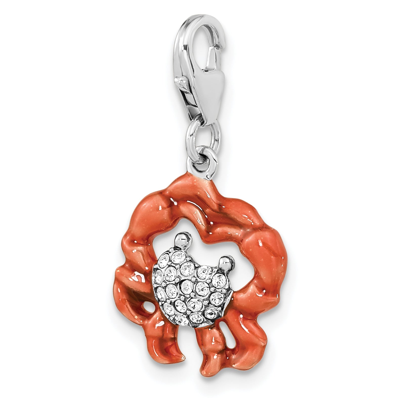 Amore La Vita Sterling Silver Rhodium-plated Antiqued Enameled Crystal Heart Crab Charm with Fancy Lobster Clasp