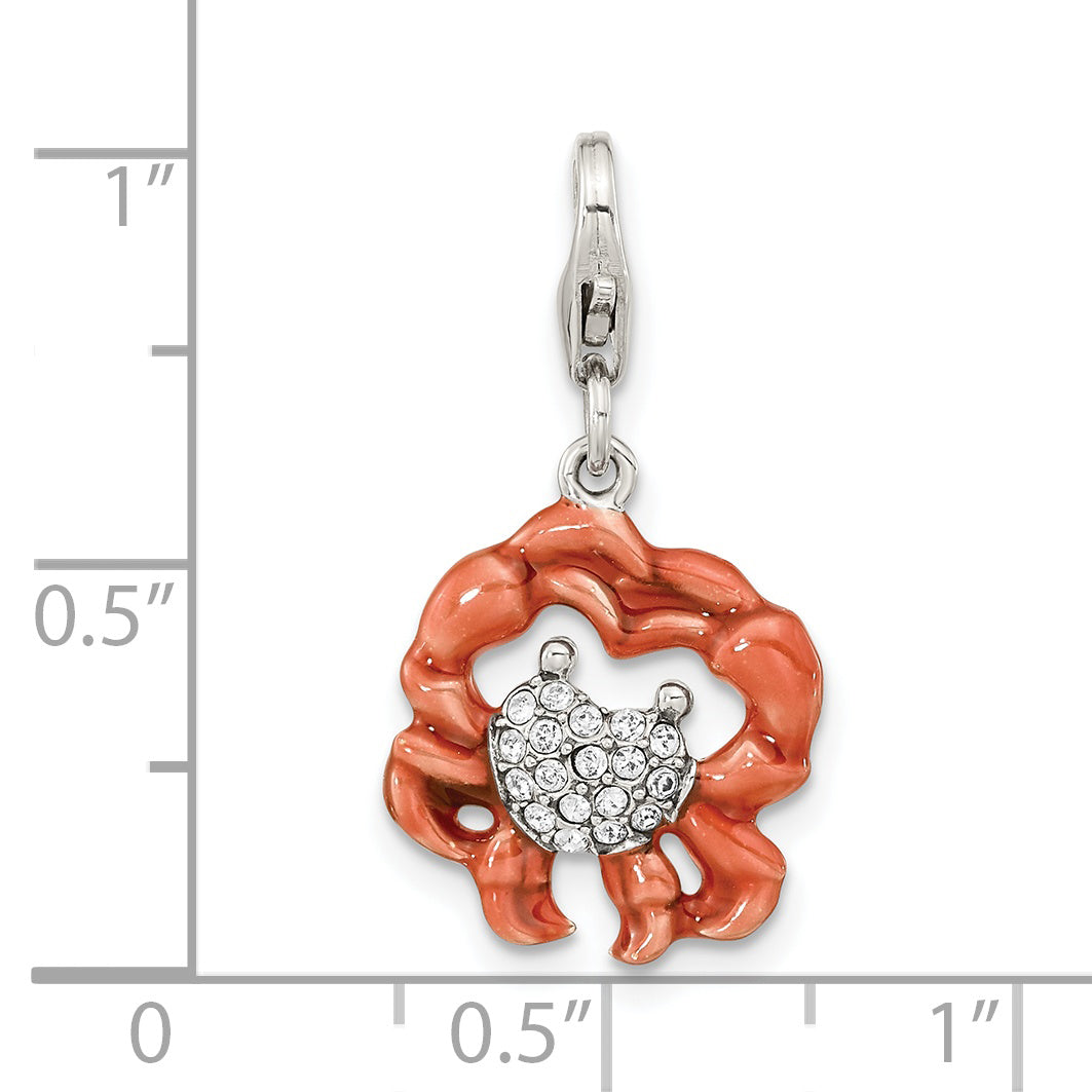 Amore La Vita Sterling Silver Rhodium-plated Antiqued Enameled Crystal Heart Crab Charm with Fancy Lobster Clasp