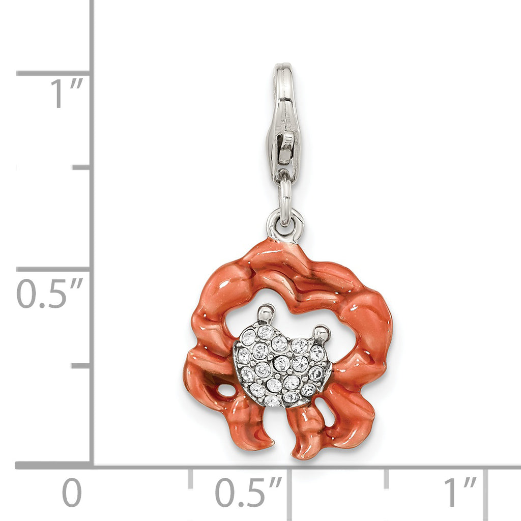 Amore La Vita Sterling Silver Rhodium-plated Antiqued Enameled Crystal Heart Crab Charm with Fancy Lobster Clasp