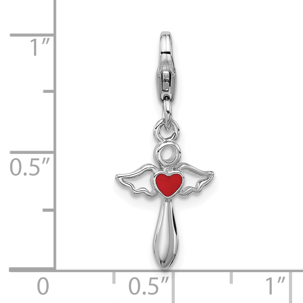 Amore La Vita Sterling Silver Rhodium-plated Angel Holding Red Enameled Heart Charm with Fancy Lobster Clasp