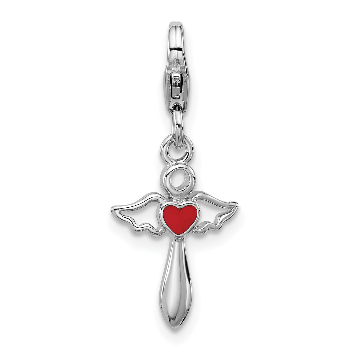 Amore La Vita Sterling Silver Rhodium-plated Angel Holding Red Enameled Heart Charm with Fancy Lobster Clasp