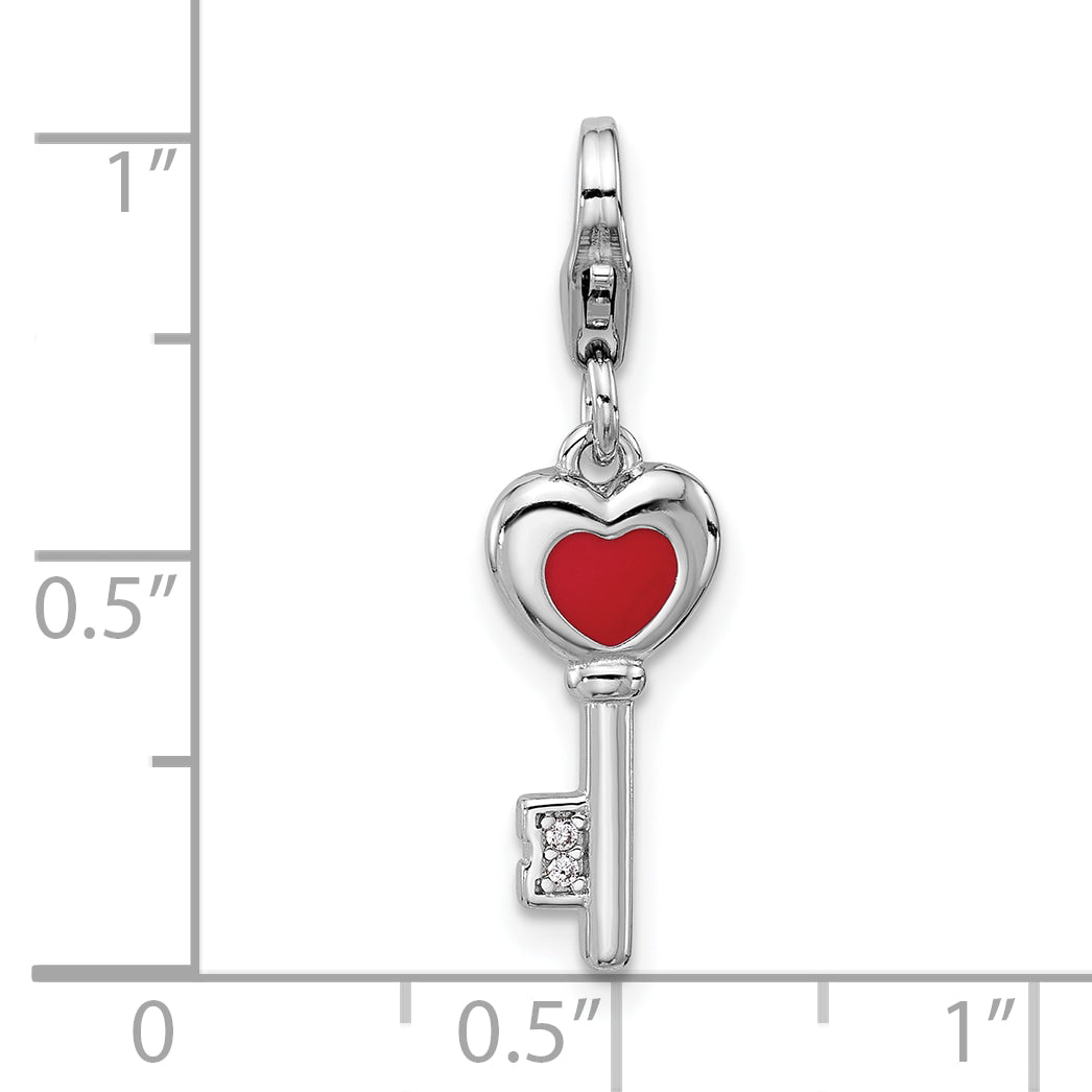 Amore La Vita Sterling Silver Rhodium-plated 3-D Red Enameled Heart Key and CZ Charm with Fancy Lobster Clasp