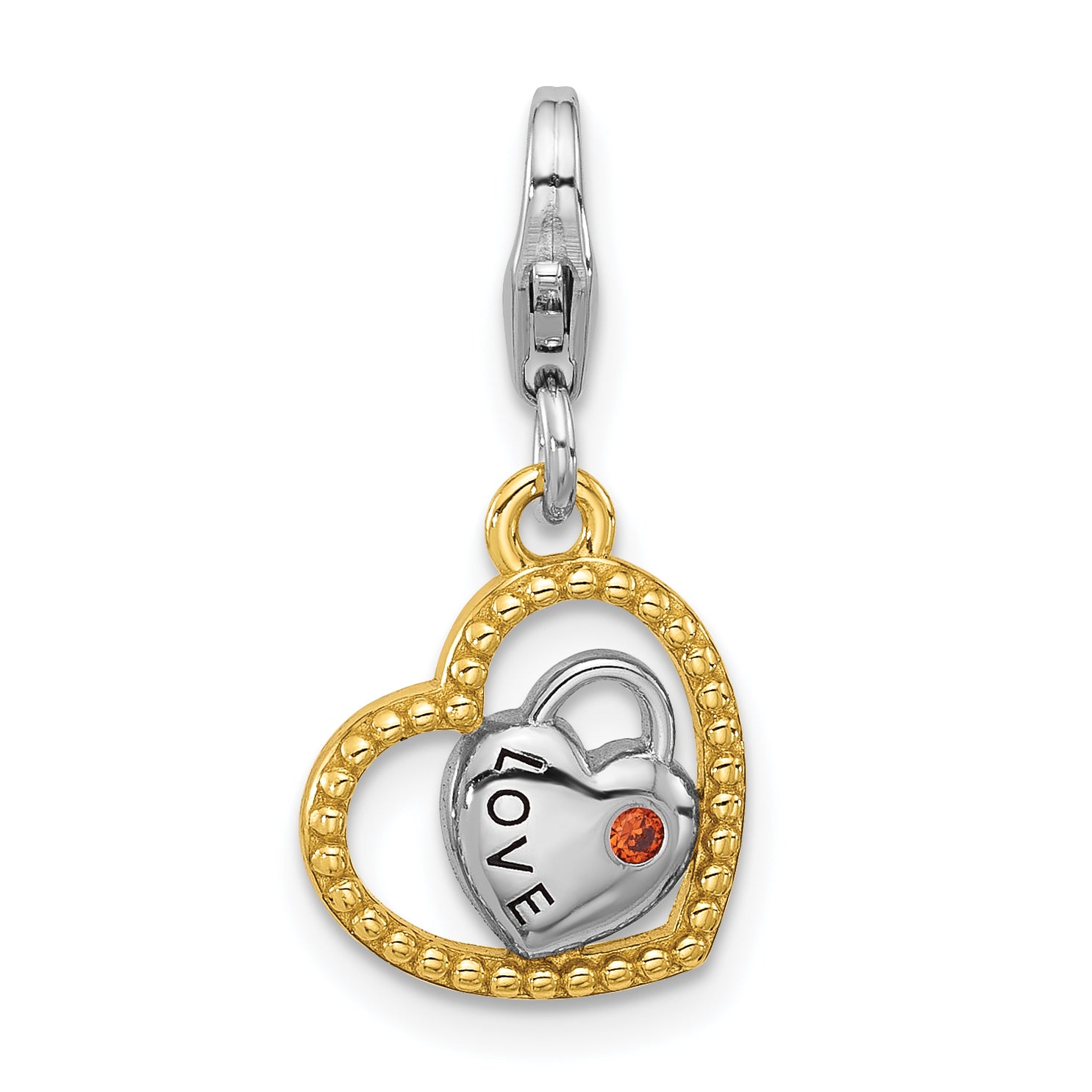 Amore La Vita Sterling Silver Rhodium and Gold-plated Heart Shaped Lock with Red CZ and Love Inside Heart with White CZ Charm with Fancy Lobster Clasp Main image