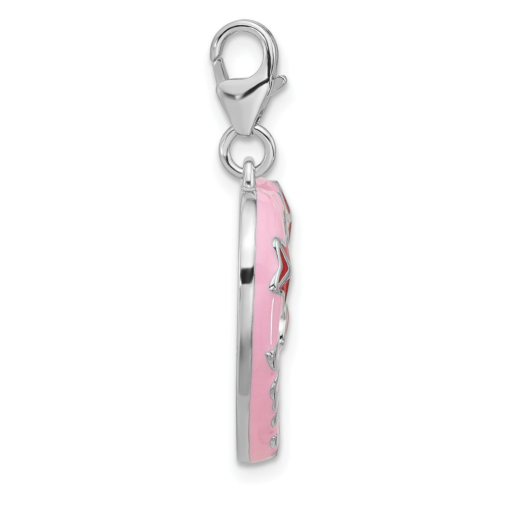 Amore La Vita Sterling Silver Rhodium-plated Pink Enameled Heart with Red and White Enameled Stars and Daughter Photo Frame Charm with Fancy Lobster Clasp