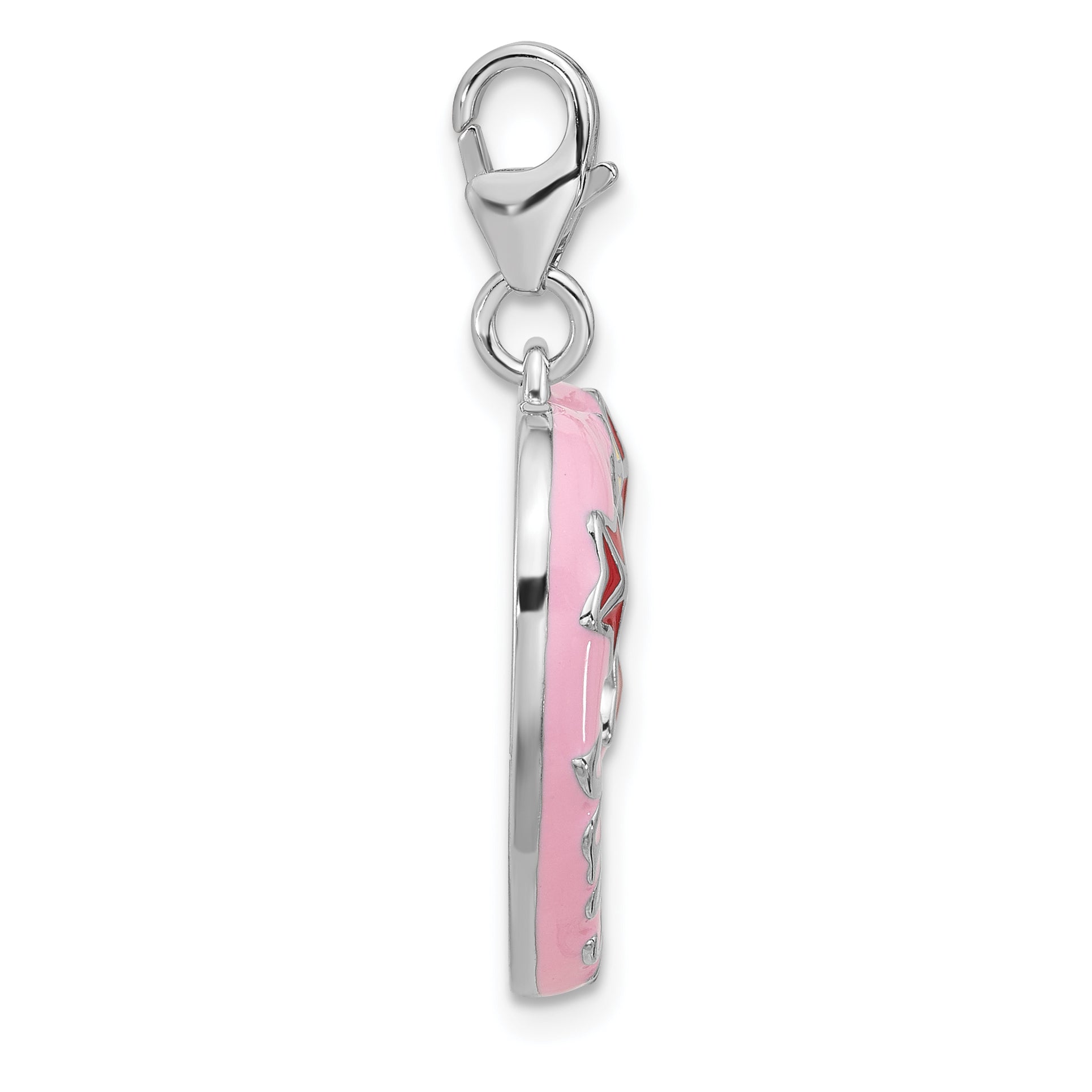 Amore La Vita Sterling Silver Rhodium-plated Pink Enameled Heart with Red and White Enameled Stars and Daughter Photo Frame Charm with Fancy Lobster Clasp