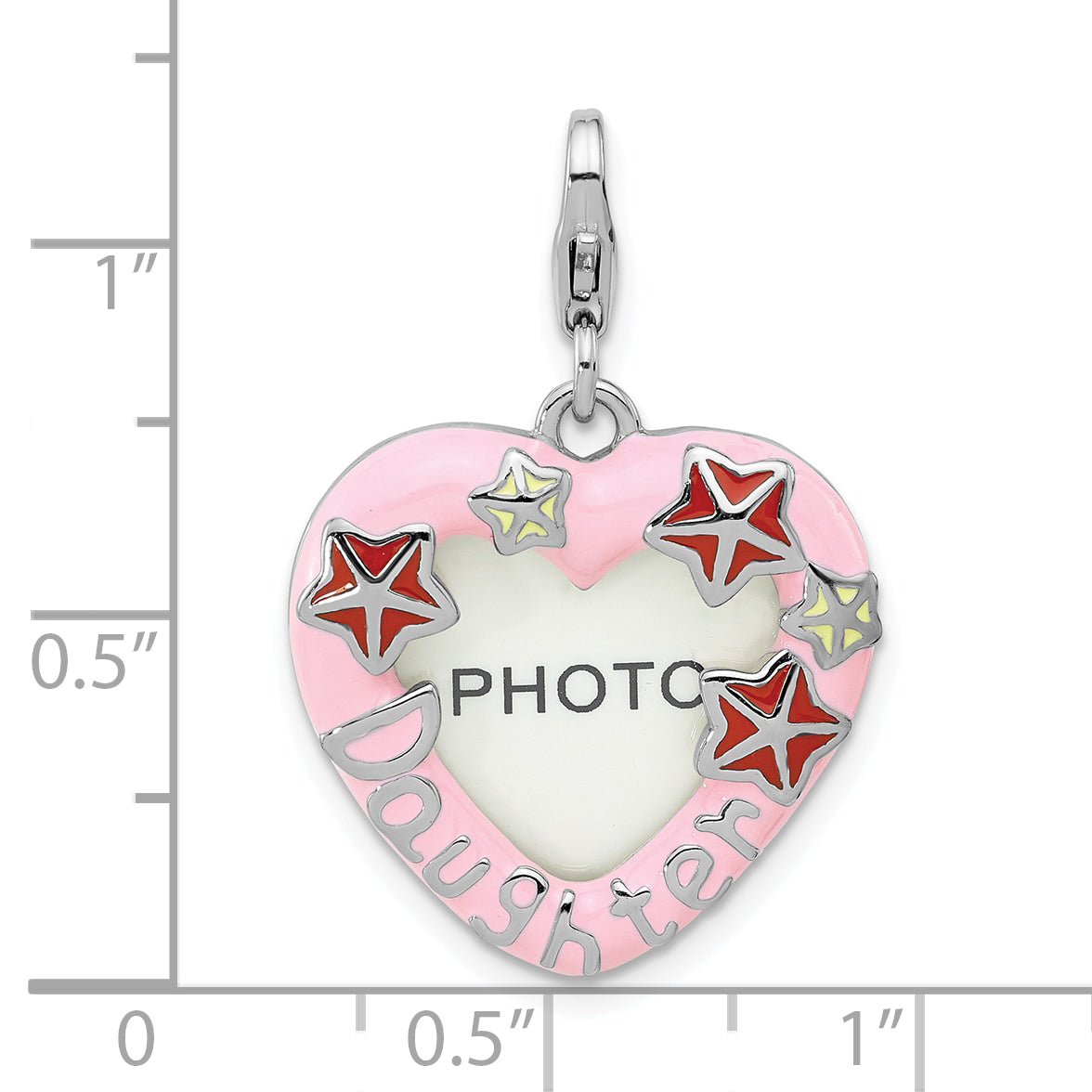 Amore La Vita Sterling Silver Rhodium-plated Pink Enameled Heart with Red and White Enameled Stars and Daughter Photo Frame Charm with Fancy Lobster Clasp