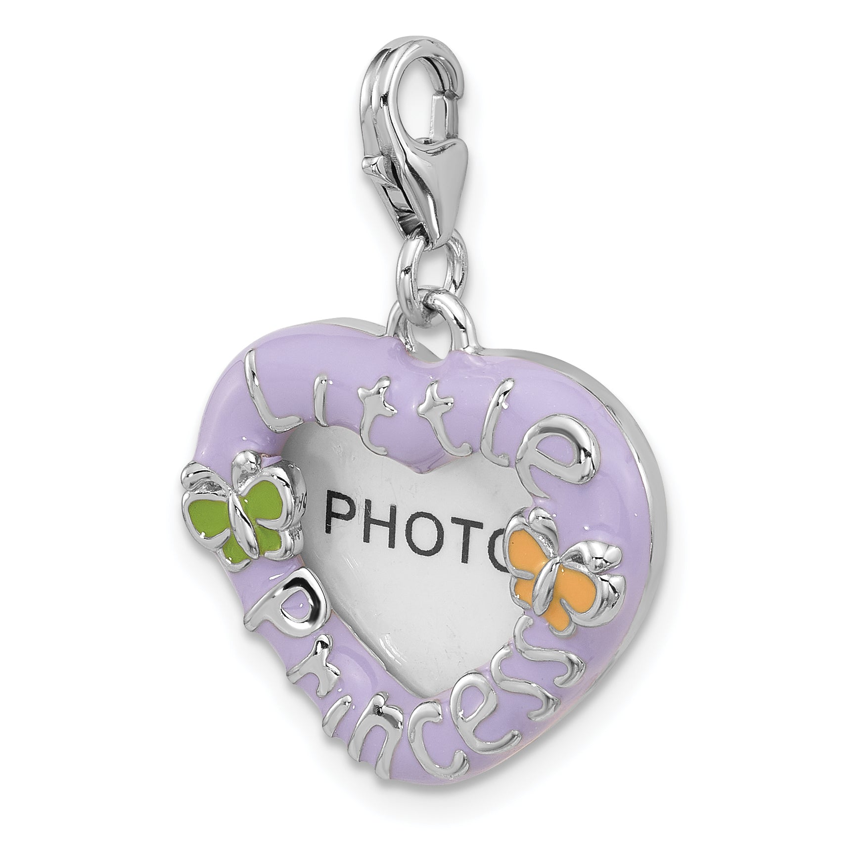 Amore La Vita Sterling Silver Rhodium-plated Purple Enameled Heart with Green and Yellow Enameled Butterflies and Little Princess Photo Frame Charm with Fancy Lobster Clasp