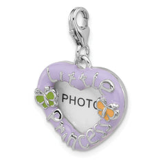 Amore La Vita Sterling Silver Rhodium-plated Purple Enameled Heart with Green and Yellow Enameled Butterflies and Little Princess Photo Frame Charm with Fancy Lobster Clasp