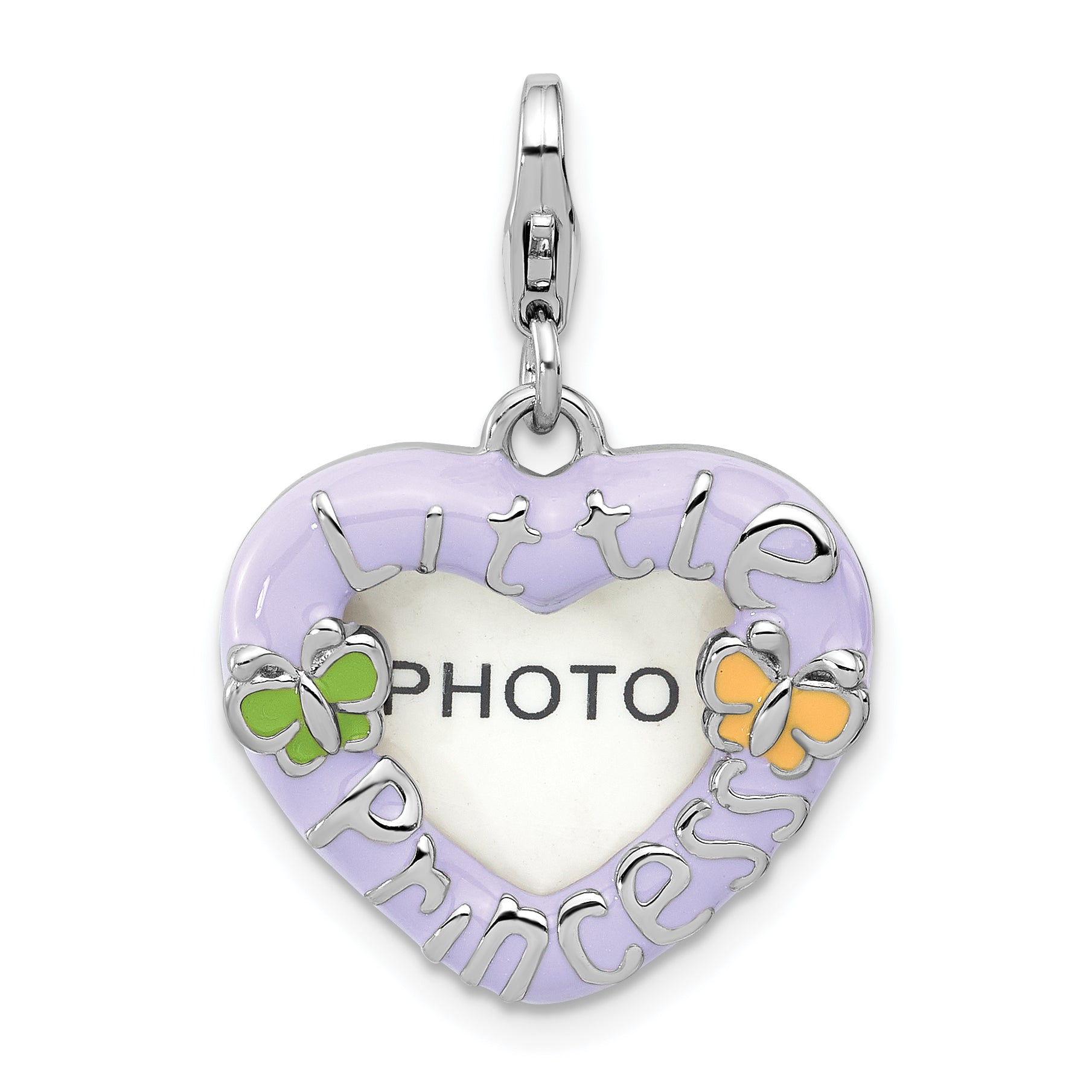 Amore La Vita Sterling Silver Rhodium-plated Purple Enameled Heart with Green and Yellow Enameled Butterflies and Little Princess Photo Frame Charm with Fancy Lobster Clasp Main image