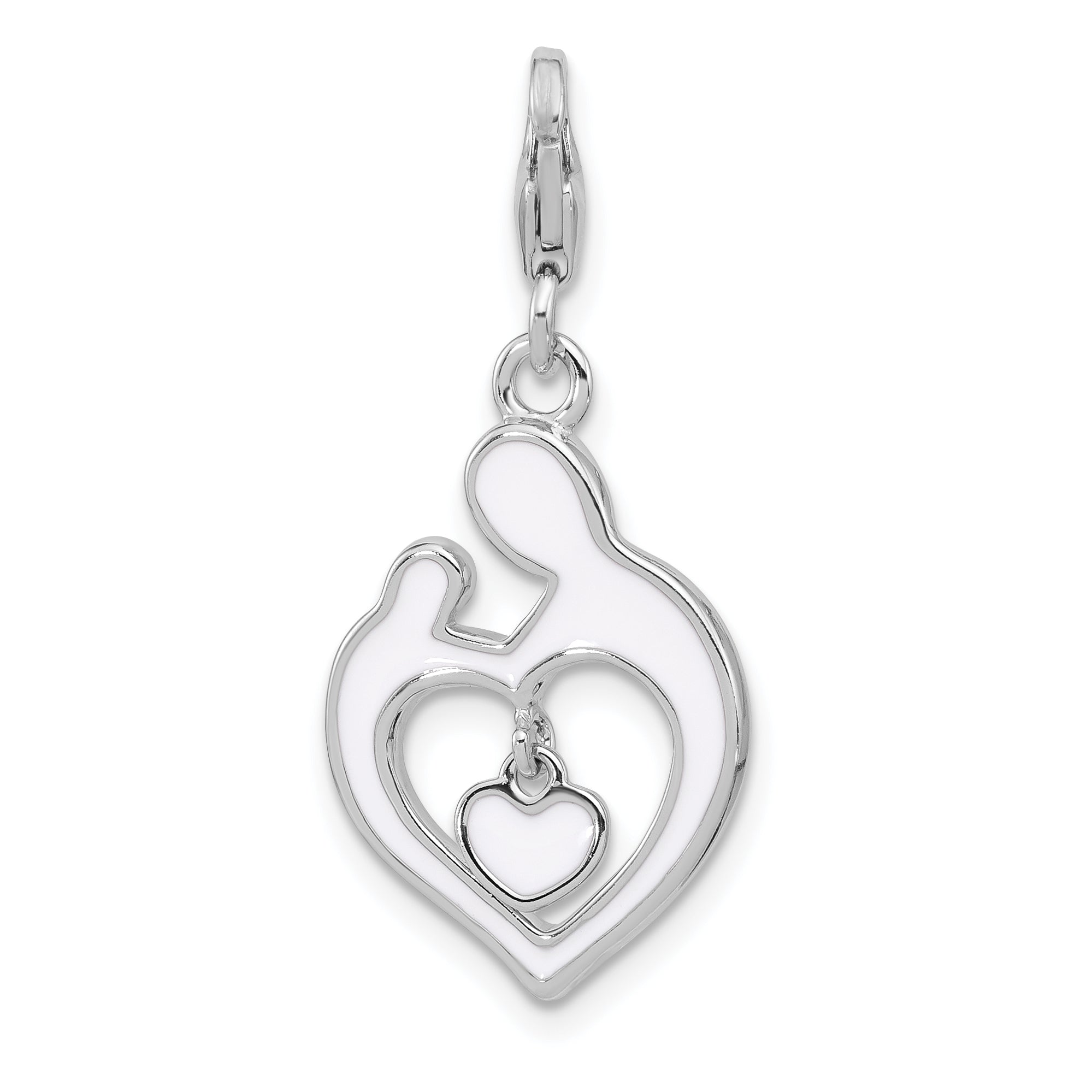 Amore La Vita Sterling Silver Rhodium-plated Mother and Baby Making Heart Shape Holding a Red Enameled Dangle Heart Charm with Fancy Lobster Clasp