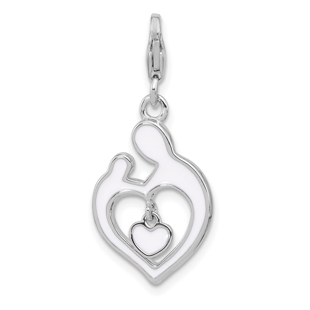 Amore La Vita Sterling Silver Rhodium-plated Mother and Baby Making Heart Shape Holding a Red Enameled Dangle Heart Charm with Fancy Lobster Clasp