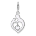 Amore La Vita Sterling Silver Rhodium-plated Mother and Baby Making Heart Shape Holding a Red Enameled Dangle Heart Charm with Fancy Lobster Clasp