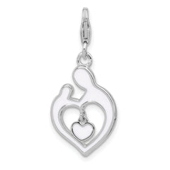 Amore La Vita Sterling Silver Rhodium-plated Mother and Baby Making Heart Shape Holding a Red Enameled Dangle Heart Charm with Fancy Lobster Clasp