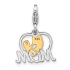 Amore La Vita Sterling Silver Rhodium and Gold-plated Mother Holding Child with CZ Inside Heart with MOM Charm with Fancy Lobster Clasp