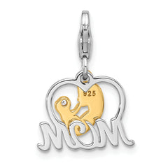Amore La Vita Sterling Silver Rhodium and Gold-plated Mother Holding Child with CZ Inside Heart with MOM Charm with Fancy Lobster Clasp