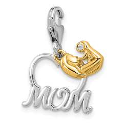Amore La Vita Sterling Silver Rhodium and Gold-plated Mother Holding Child with CZ Inside Heart with MOM Charm with Fancy Lobster Clasp