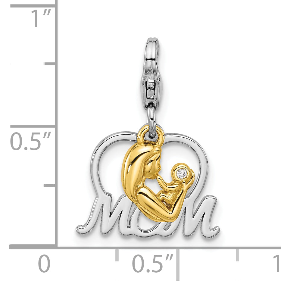 Amore La Vita Sterling Silver Rhodium and Gold-plated Mother Holding Child with CZ Inside Heart with MOM Charm with Fancy Lobster Clasp