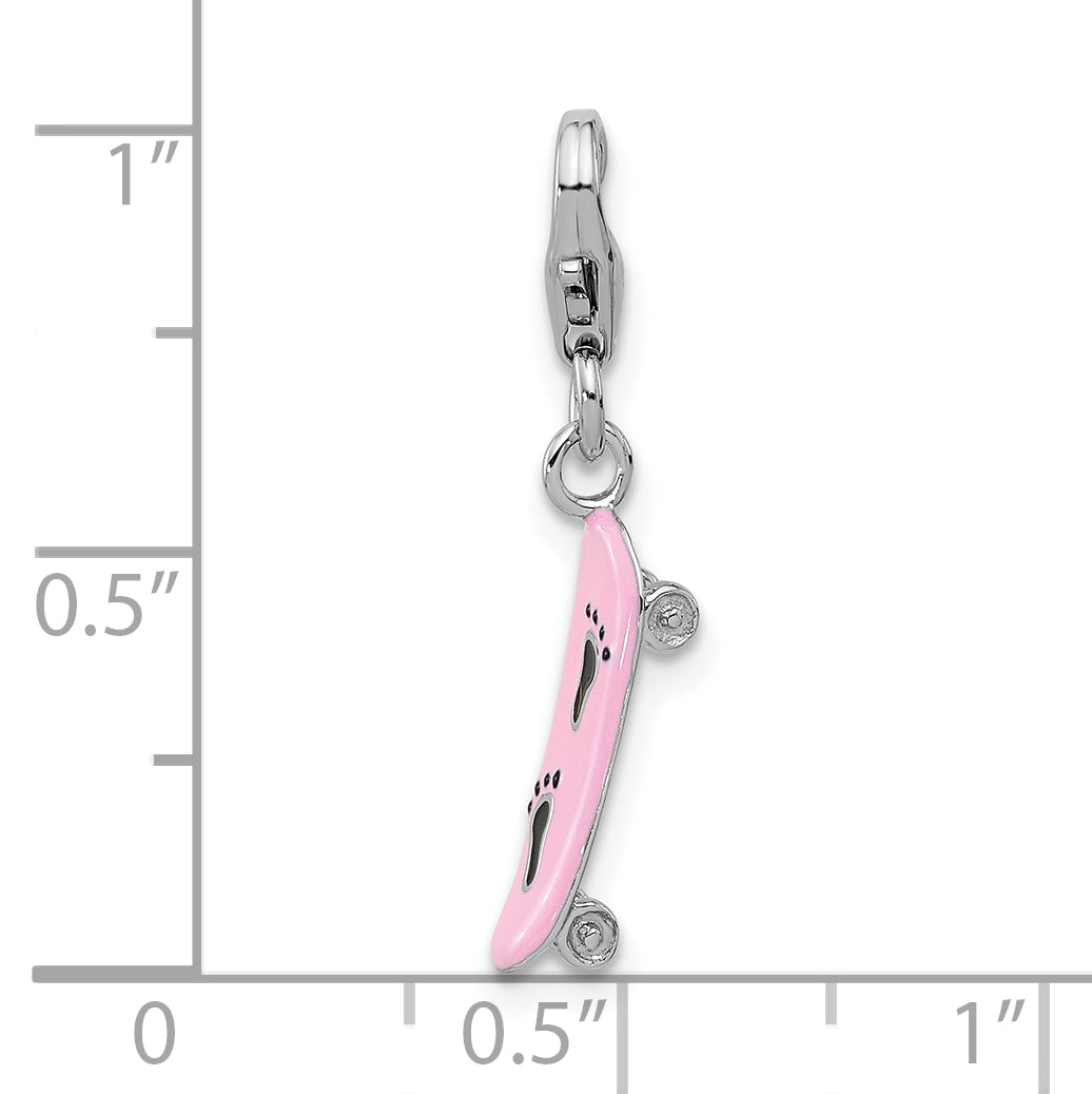 Amore La Vita Sterling Silver Rhodium-plated Pink Enameled Skate Board with Black Enameled Foot Prints Charm with Fancy Lobster Clasp