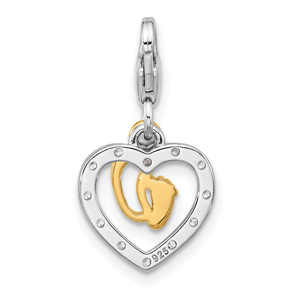 Amore La Vita Sterling Silver Rhodium and Gold-plated Baby Feet Inside Heart with CZ Charm with Fancy Lobster Clasp