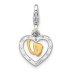 Amore La Vita Sterling Silver Rhodium and Gold-plated Baby Feet Inside Heart with CZ Charm with Fancy Lobster Clasp