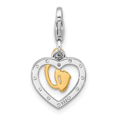 Amore La Vita Sterling Silver Rhodium and Gold-plated Baby Feet Inside Heart with CZ Charm with Fancy Lobster Clasp