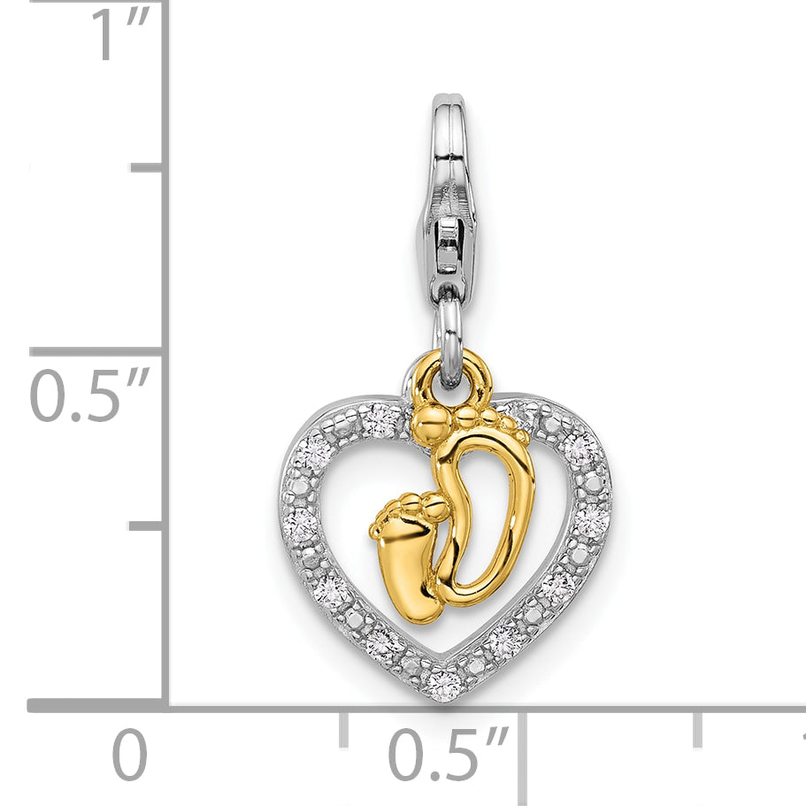 Amore La Vita Sterling Silver Rhodium and Gold-plated Baby Feet Inside Heart with CZ Charm with Fancy Lobster Clasp