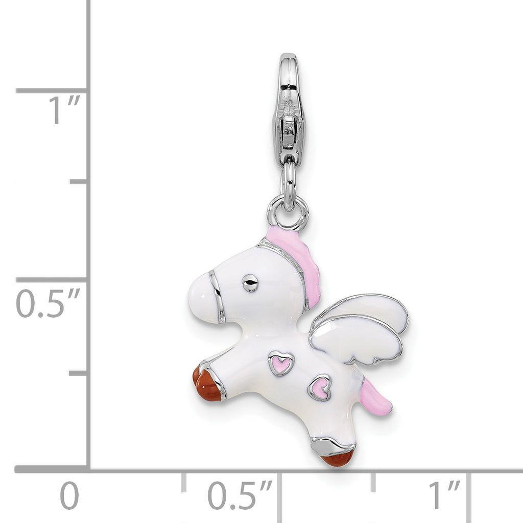 Amore La Vita Sterling Silver Rhodium-plated White/Pink/Black and Red Enameled Pegasus Charm with Fancy Lobster Clasp