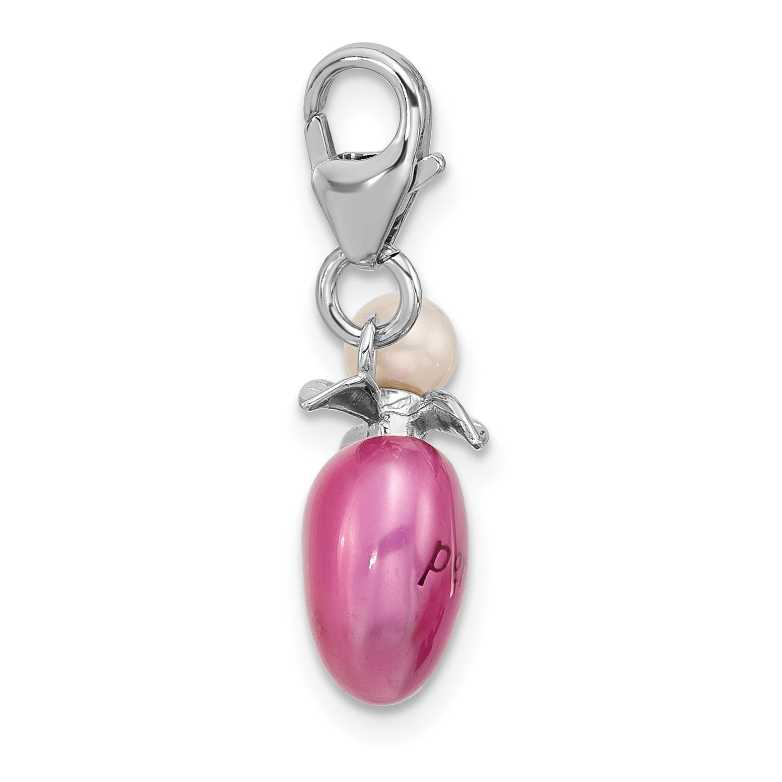 Amore La Vita Sterling Silver Rhodium-plated Magenta Enameled Perfume Bottle and Freshwater Cultured Pearl Charm with Fancy Lobster Clasp