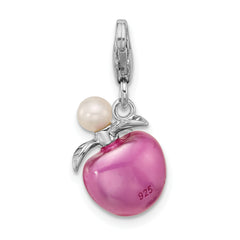 Amore La Vita Sterling Silver Rhodium-plated Magenta Enameled Perfume Bottle and Freshwater Cultured Pearl Charm with Fancy Lobster Clasp